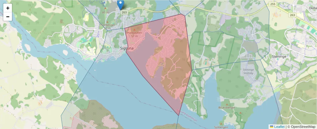 Karta över postnummerområdet  och angränsande postnummer i Sverige