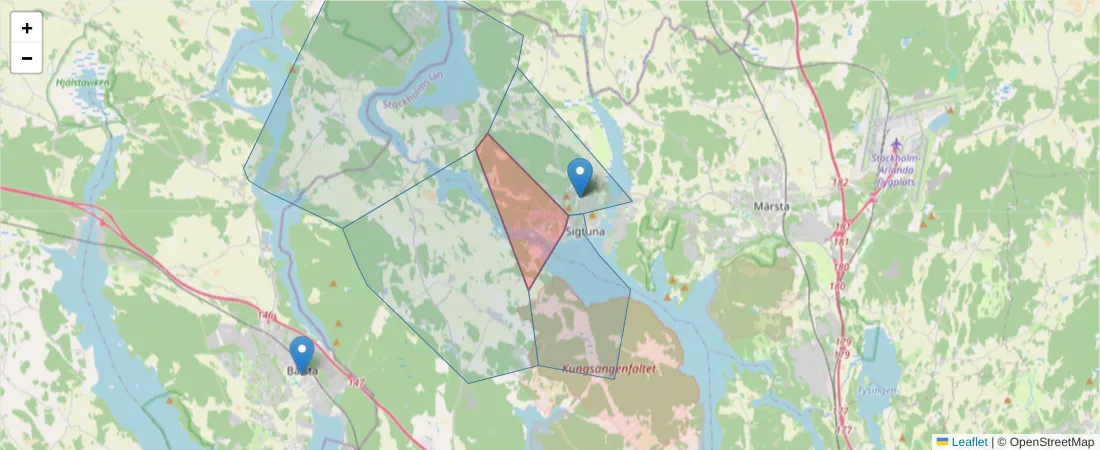 Karta över postnummerområdet  och angränsande postnummer i Sverige