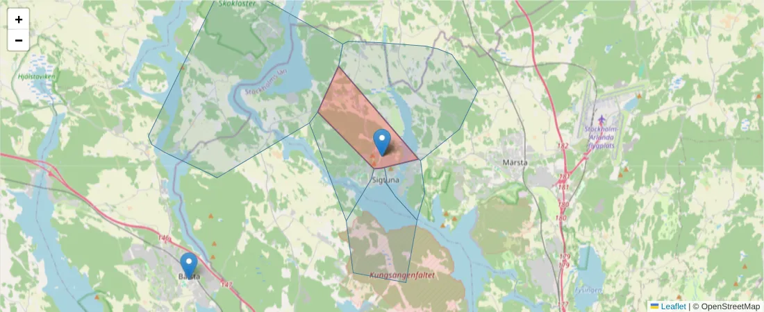 Karta över postnummerområdet  och angränsande postnummer i Sverige