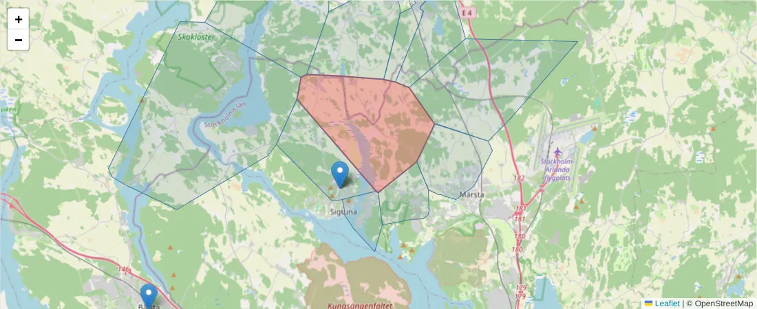 Karta över postnummerområdet  och angränsande postnummer i Sverige