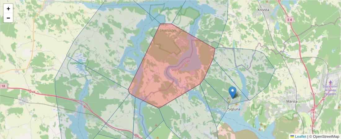 Karta över postnummerområdet  och angränsande postnummer i Sverige