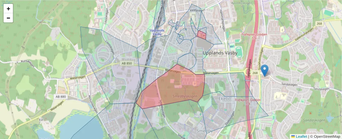 Karta över postnummerområdet  och angränsande postnummer i Sverige