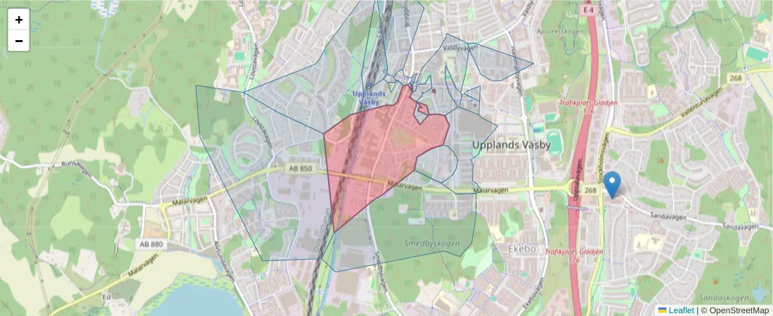 Karta över postnummerområdet  och angränsande postnummer i Sverige