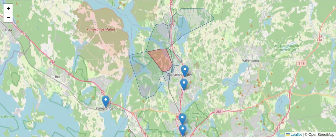 Karta över postnummerområdet  och angränsande postnummer i Sverige