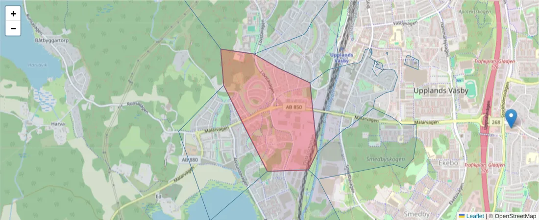 Karta över postnummerområdet  och angränsande postnummer i Sverige