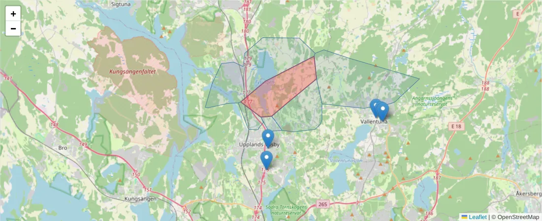 Karta över postnummerområdet  och angränsande postnummer i Sverige