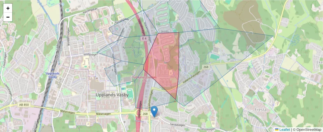 Karta över postnummerområdet  och angränsande postnummer i Sverige