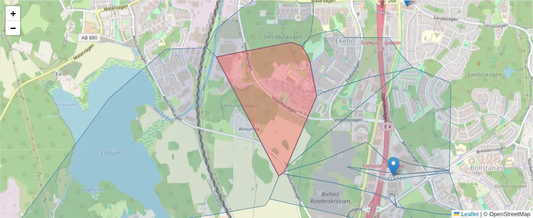 Karta över postnummerområdet  och angränsande postnummer i Sverige