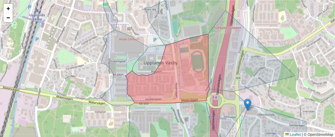 Karta över postnummerområdet  och angränsande postnummer i Sverige