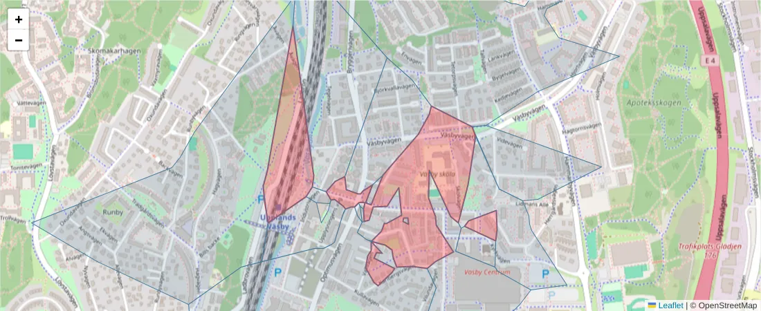 Karta över postnummerområdet  och angränsande postnummer i Sverige