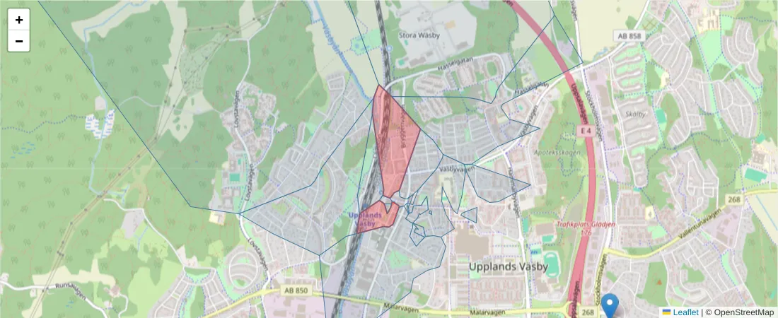 Karta över postnummerområdet  och angränsande postnummer i Sverige