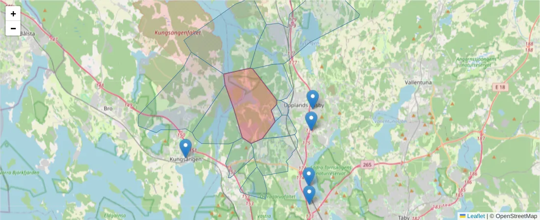 Karta över postnummerområdet  och angränsande postnummer i Sverige