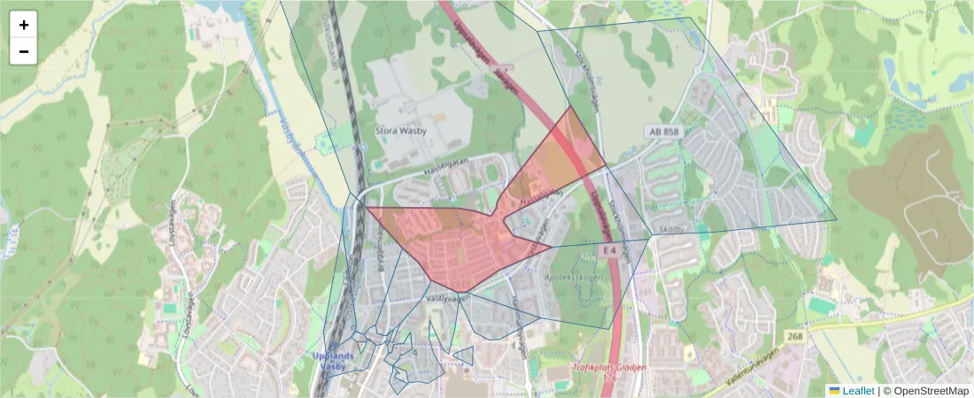 Karta över postnummerområdet  och angränsande postnummer i Sverige