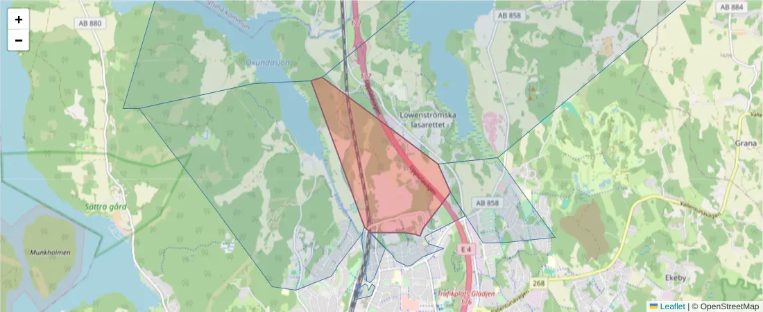 Karta över postnummerområdet  och angränsande postnummer i Sverige