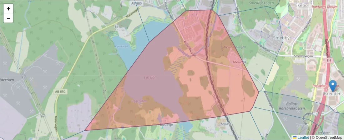 Karta över postnummerområdet  och angränsande postnummer i Sverige