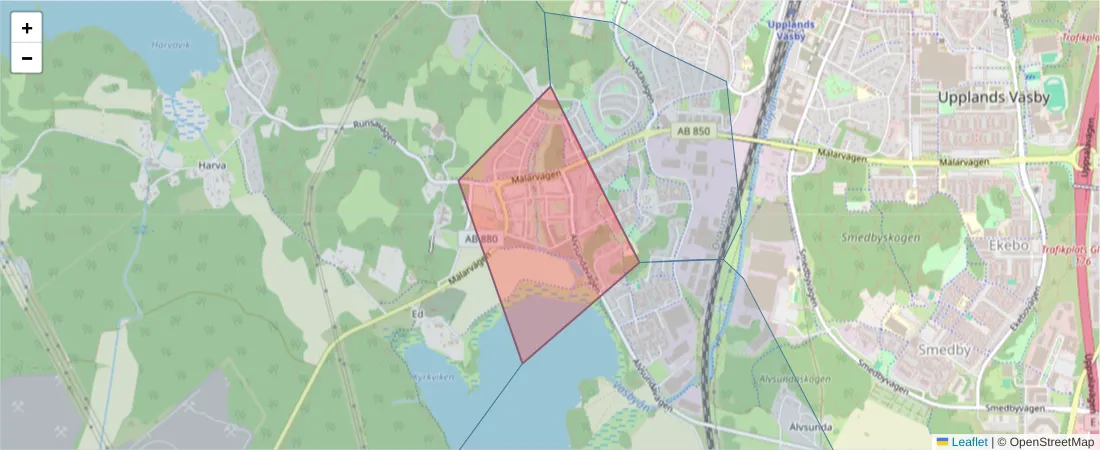 Karta över postnummerområdet  och angränsande postnummer i Sverige