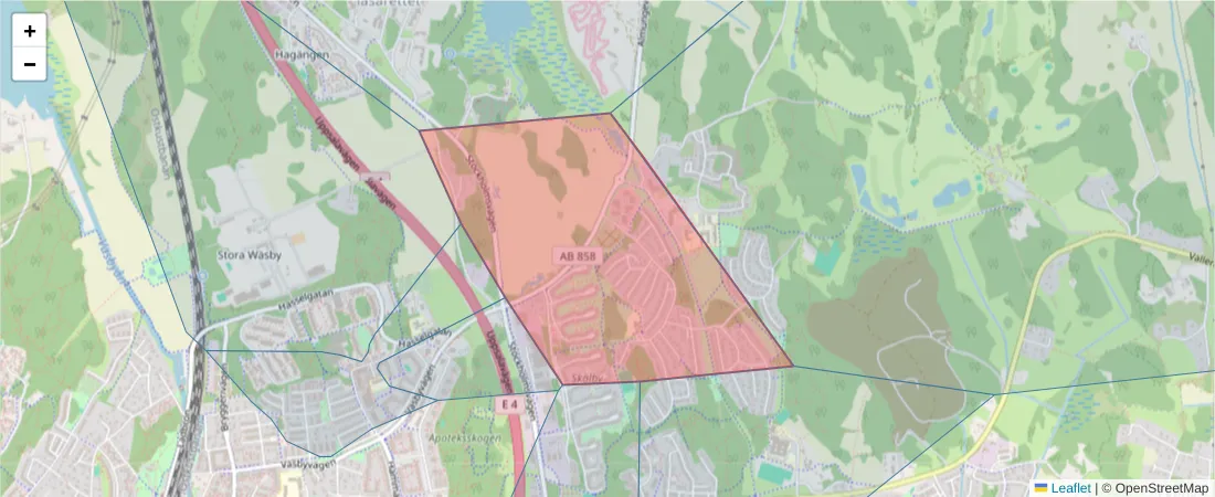 Karta över postnummerområdet  och angränsande postnummer i Sverige