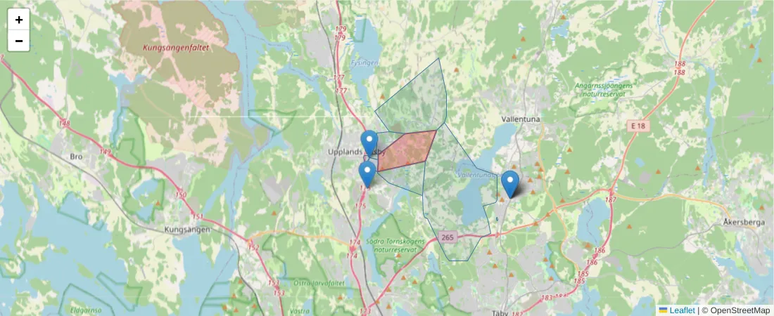 Karta över postnummerområdet  och angränsande postnummer i Sverige