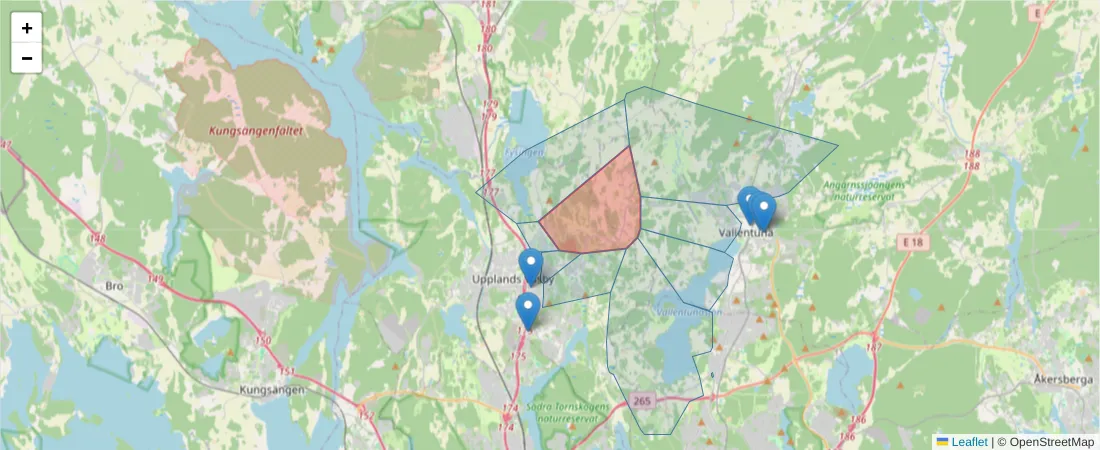 Karta över postnummerområdet  och angränsande postnummer i Sverige
