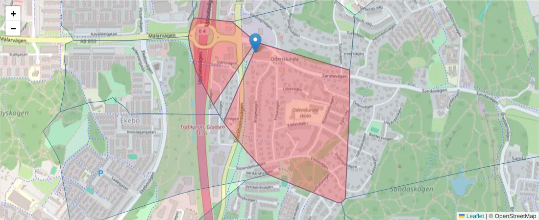 Karta över postnummerområdet  och angränsande postnummer i Sverige