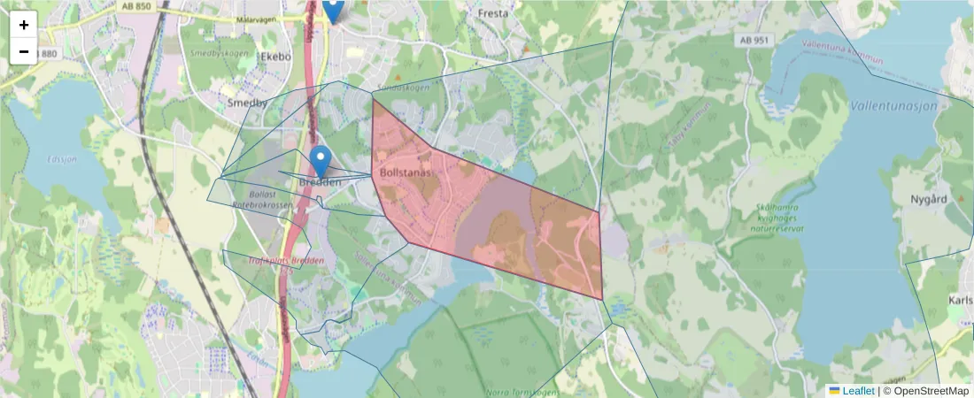 Karta över postnummerområdet  och angränsande postnummer i Sverige