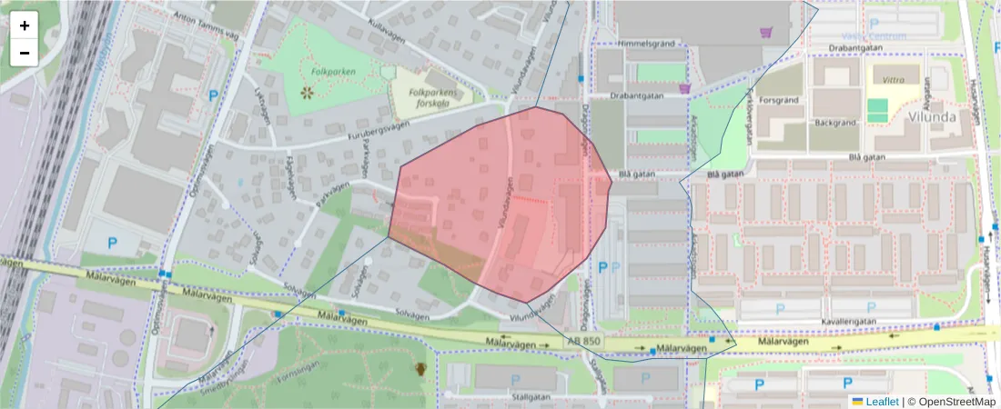 Karta över postnummerområdet  och angränsande postnummer i Sverige