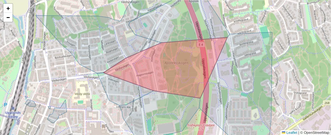 Karta över postnummerområdet  och angränsande postnummer i Sverige
