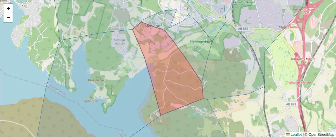 Karta över postnummerområdet  och angränsande postnummer i Sverige
