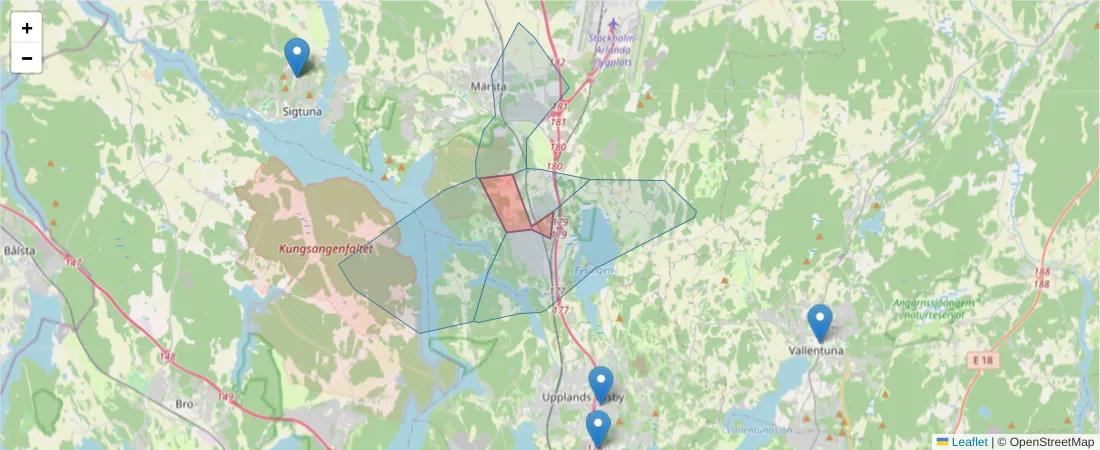 Karta över postnummerområdet  och angränsande postnummer i Sverige