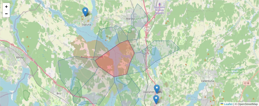 Karta över postnummerområdet  och angränsande postnummer i Sverige