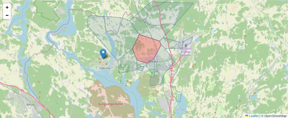 Karta över postnummerområdet  och angränsande postnummer i Sverige