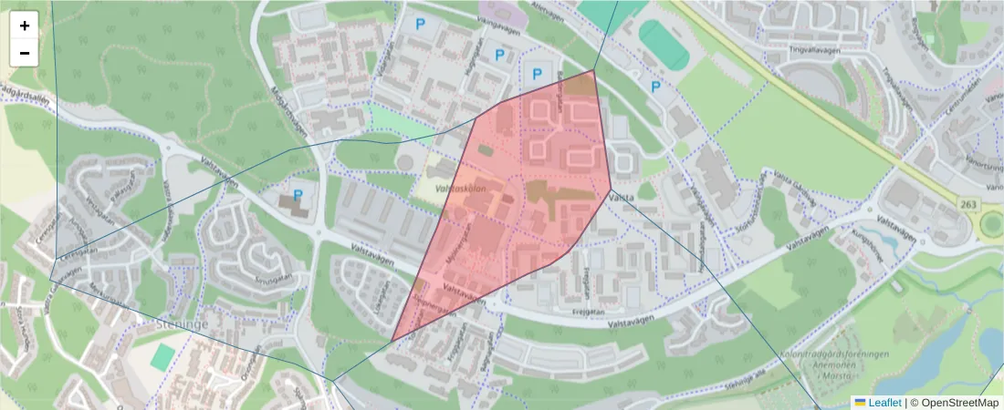 Karta över postnummerområdet  och angränsande postnummer i Sverige