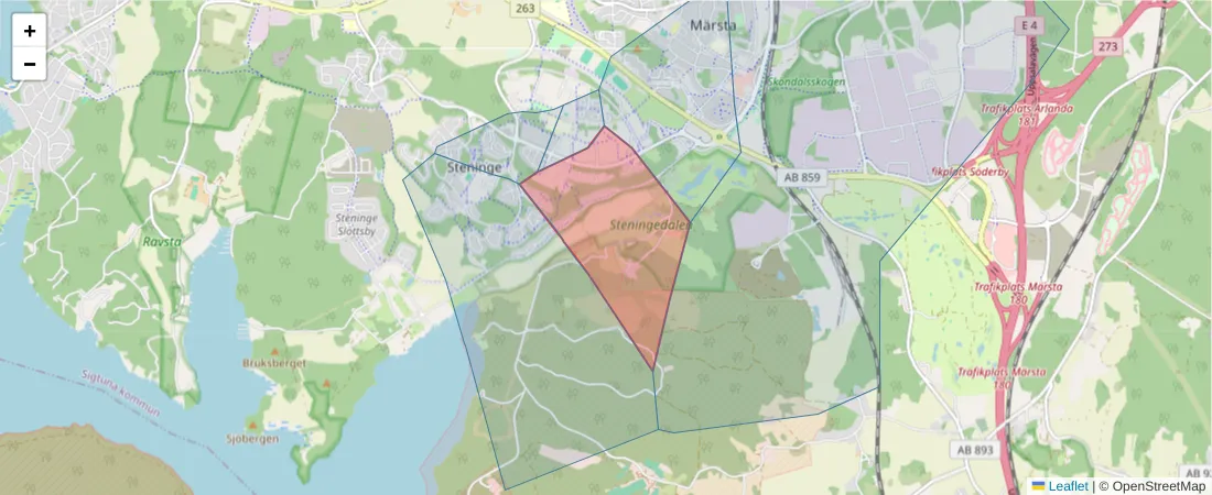 Karta över postnummerområdet  och angränsande postnummer i Sverige