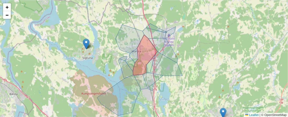 Karta över postnummerområdet  och angränsande postnummer i Sverige