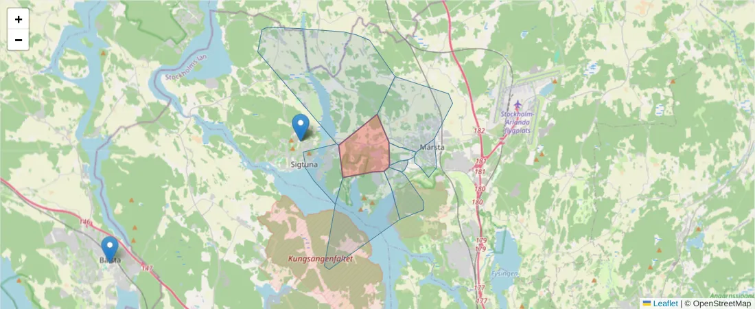 Karta över postnummerområdet  och angränsande postnummer i Sverige