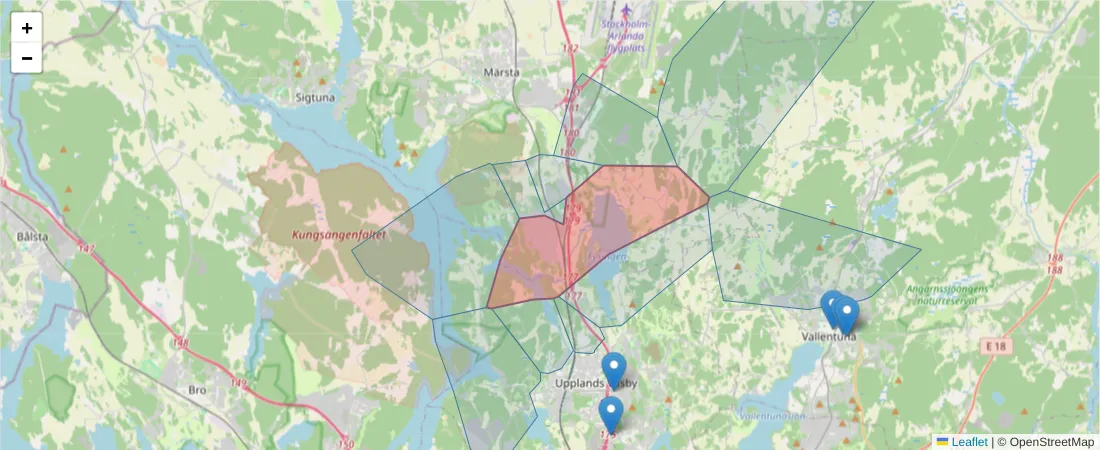 Karta över postnummerområdet  och angränsande postnummer i Sverige
