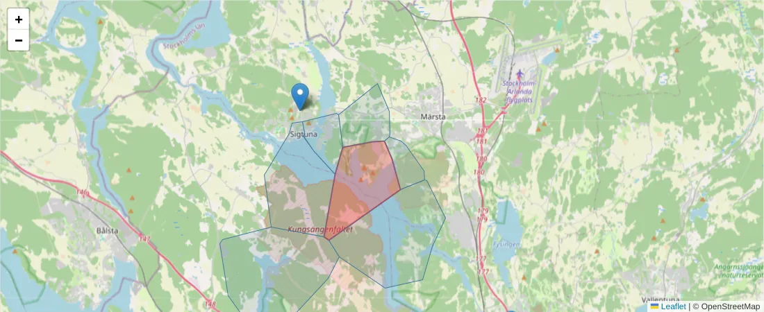 Karta över postnummerområdet  och angränsande postnummer i Sverige