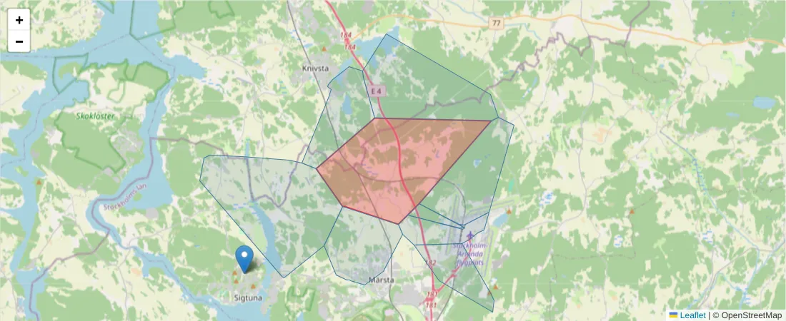 Karta över postnummerområdet  och angränsande postnummer i Sverige