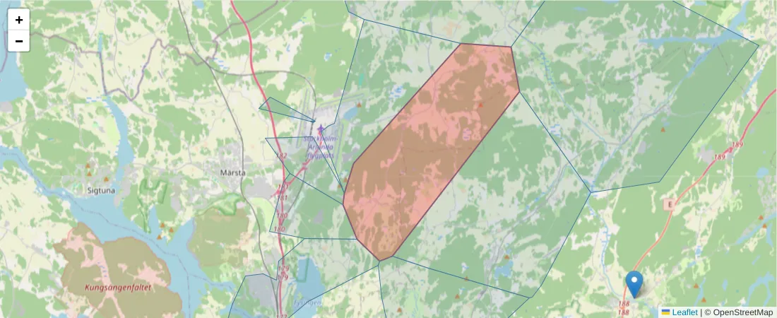 Karta över postnummerområdet  och angränsande postnummer i Sverige