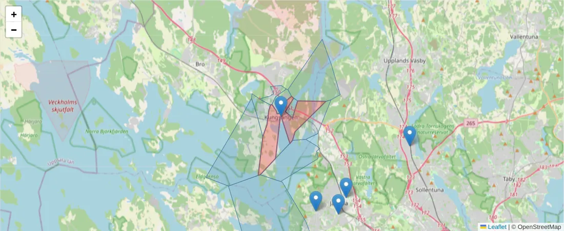 Karta över postnummerområdet  och angränsande postnummer i Sverige