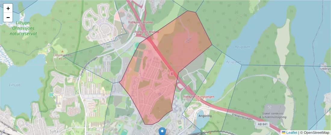 Karta över postnummerområdet  och angränsande postnummer i Sverige