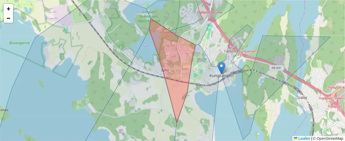 Karta över postnummerområdet  och angränsande postnummer i Sverige
