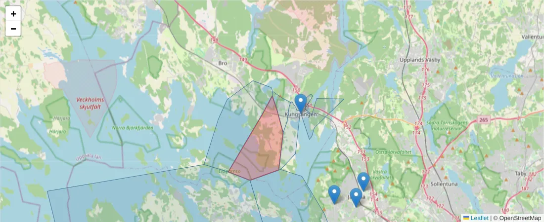 Karta över postnummerområdet  och angränsande postnummer i Sverige