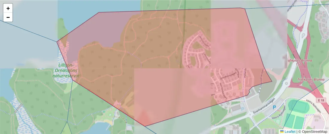Karta över postnummerområdet  och angränsande postnummer i Sverige