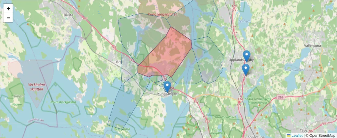 Karta över postnummerområdet  och angränsande postnummer i Sverige