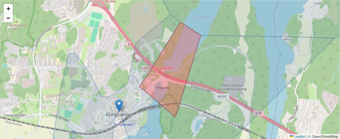 Karta över postnummerområdet  och angränsande postnummer i Sverige