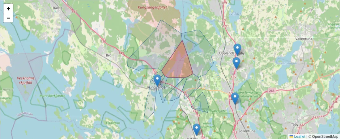Karta över postnummerområdet  och angränsande postnummer i Sverige