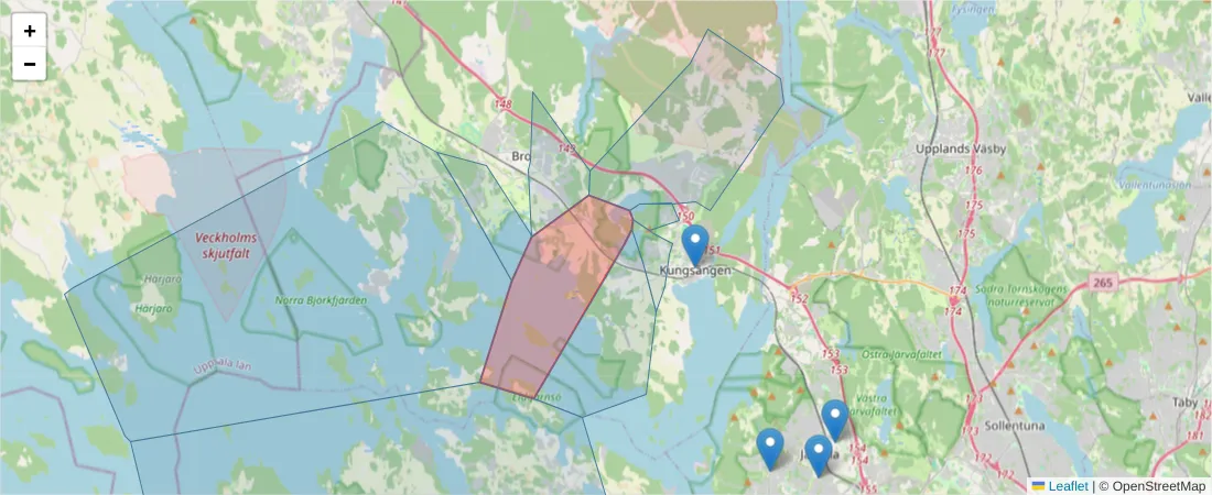 Karta över postnummerområdet  och angränsande postnummer i Sverige