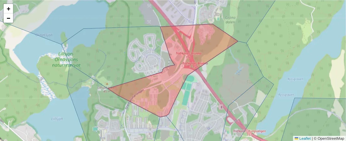 Karta över postnummerområdet  och angränsande postnummer i Sverige