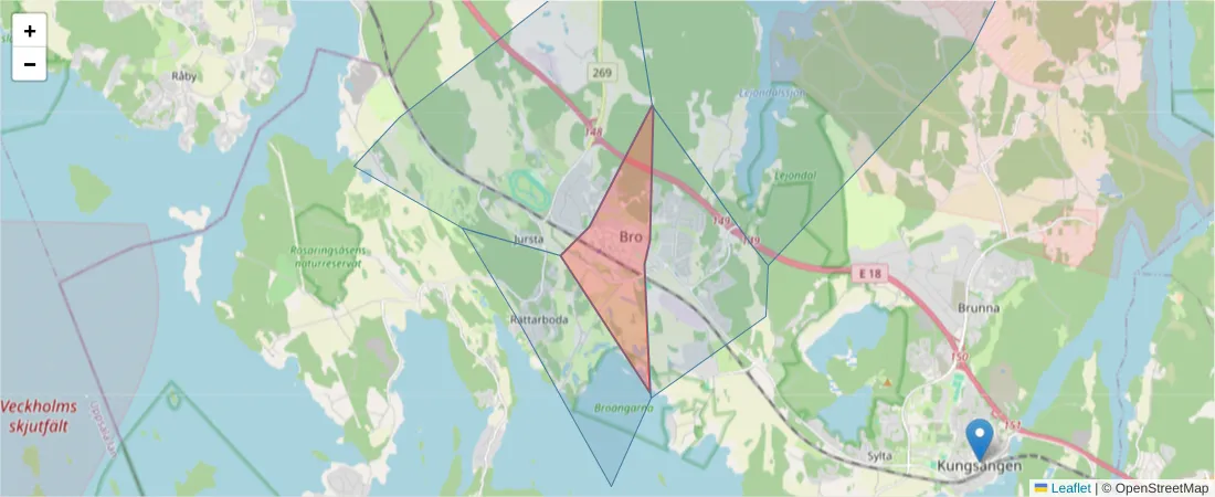 Karta över postnummerområdet  och angränsande postnummer i Sverige